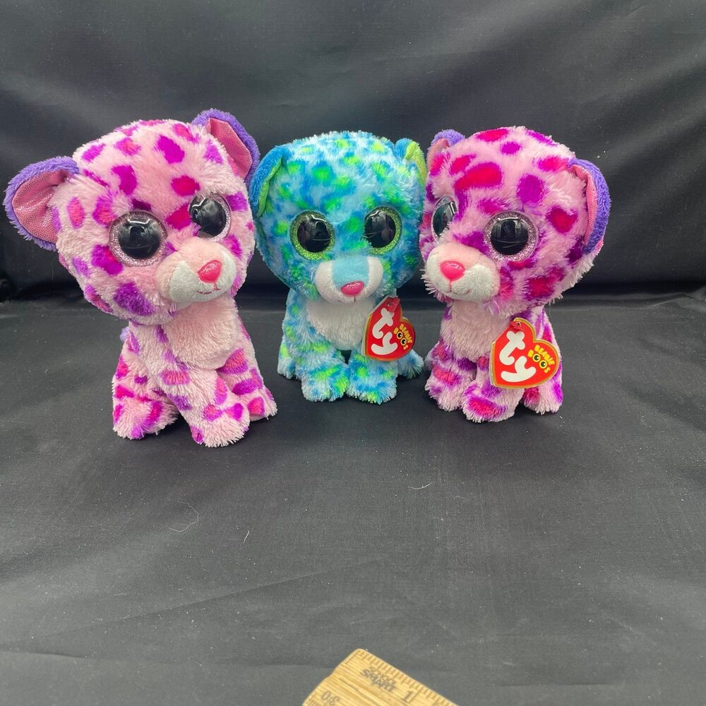 Lot of 3 Ty Beanie Boos 1 Leena Blue Leopard and 2 Glamour Pink Cheetahs